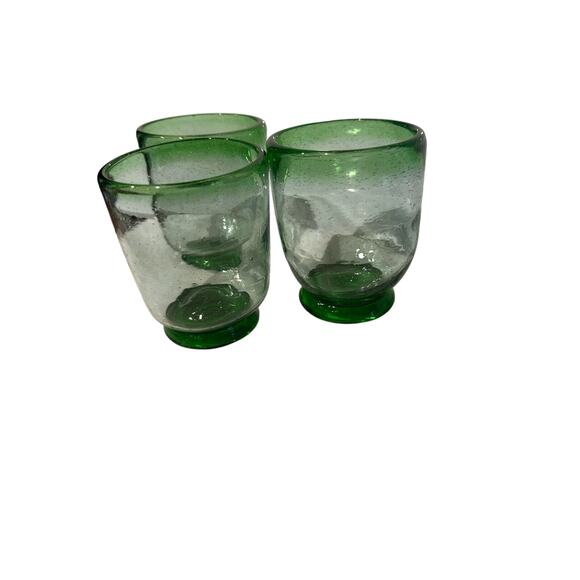 Hand Blown Mexican Glass Green Rim & Base Irregular Drinking Glasses set of 3 - Picture 8 of 9